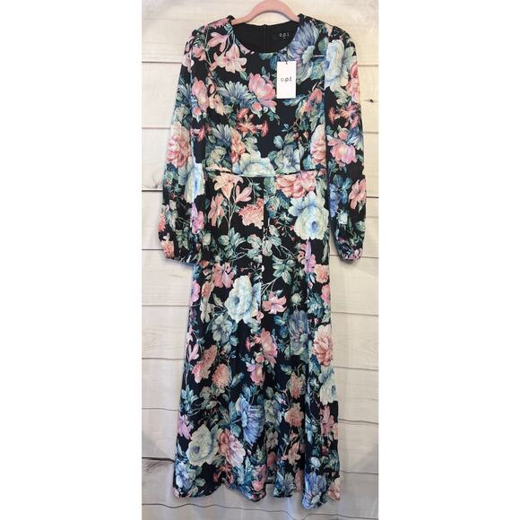 o.p.t. size SM NWT Long Sleeve Maxi Dress Black Floral Print - Picture 1 of 6